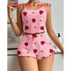 Romantic Heart Print Sleepwear Set With Stretchy Polyester For Young Women
