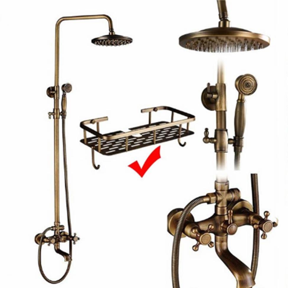 Antique Bathroom Rainfall Shower Faucet Set Wall Mount Dual Handle With Handshower Brass Bathroom Shower Mixer Tap