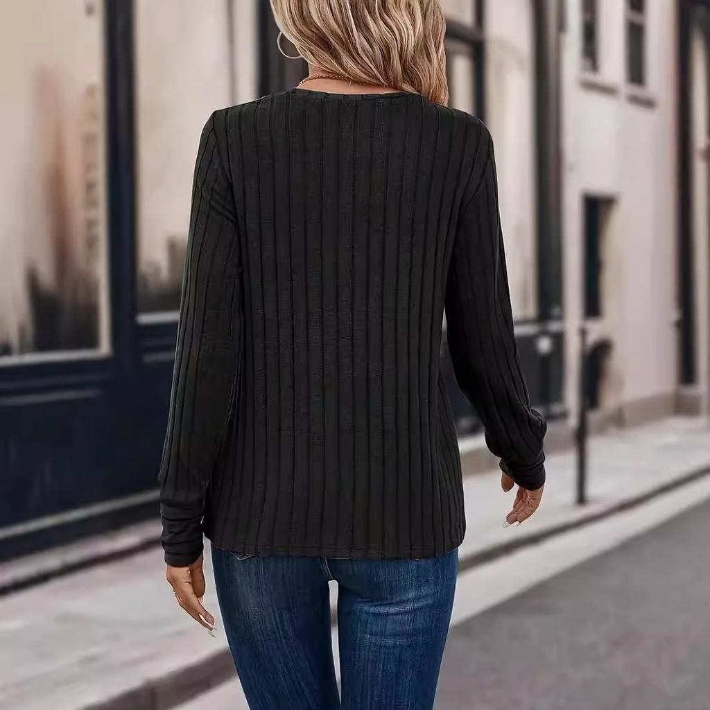 Solid Color Comfortable Round Neck Pit Stripe T-shirts for Spring and Autumn Casual Long Sleeves Women's T-shirts