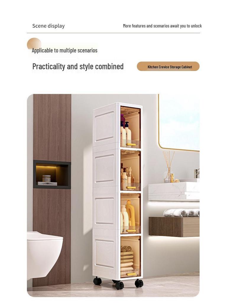 Plastic Bathroom Floor-Standing Multi-Layer Storage Cabinet with Flip-Up Shelf