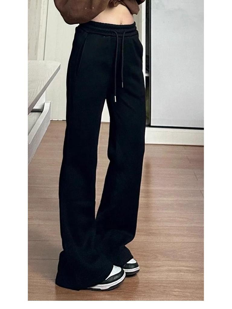 Pantalon de survêtement évasé noir taille haute pour femme - Printemps/Automne, Amincissant, Décontracté, Long jusqu'au sol avec cordon de serrage et drapé, Design en fer à cheval.