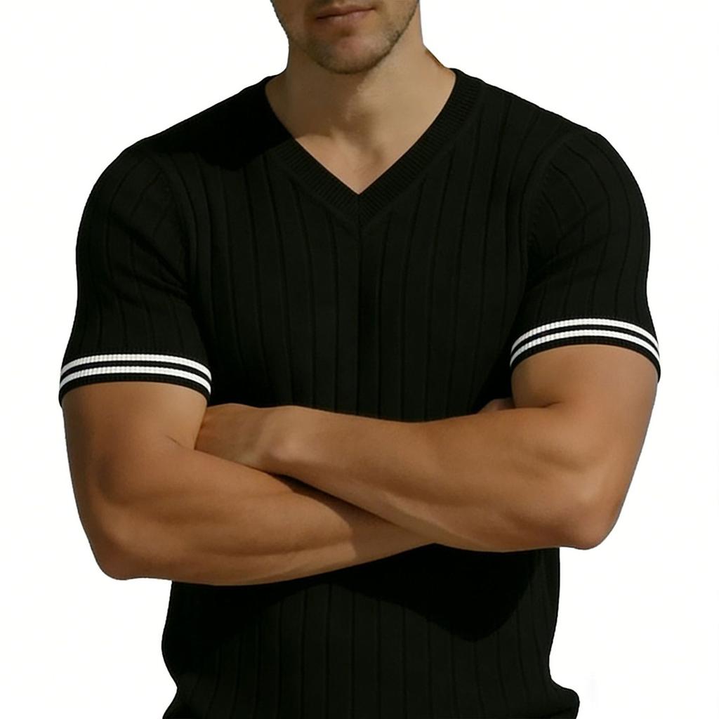 Men's Casual V Neck Short Sleeve T Shirt Ribbed Knit Slim Fit Lightweight Breathable Comfortable Summer Top for Outdoor Indoor Use