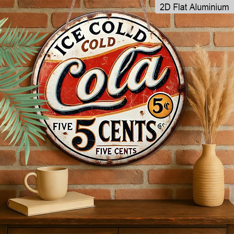 2D Flach, 1 Stück 2D Flachdruck Metall Aluminium Schild [2D Flach] Vintage Cola 5 Cent Metall Wandschild - Kunst Dekoration, Runde Plakette mit "ICE COLD Soda