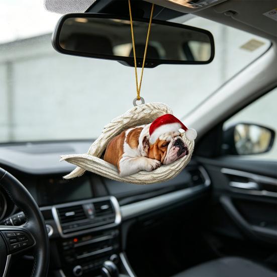 2Pcs Sleeping Dog Car Hanging Ornament, Acrylic 2D Flat Pendant, Cute Animal Rearview Mirror Charm, Christmas Gift Keychain