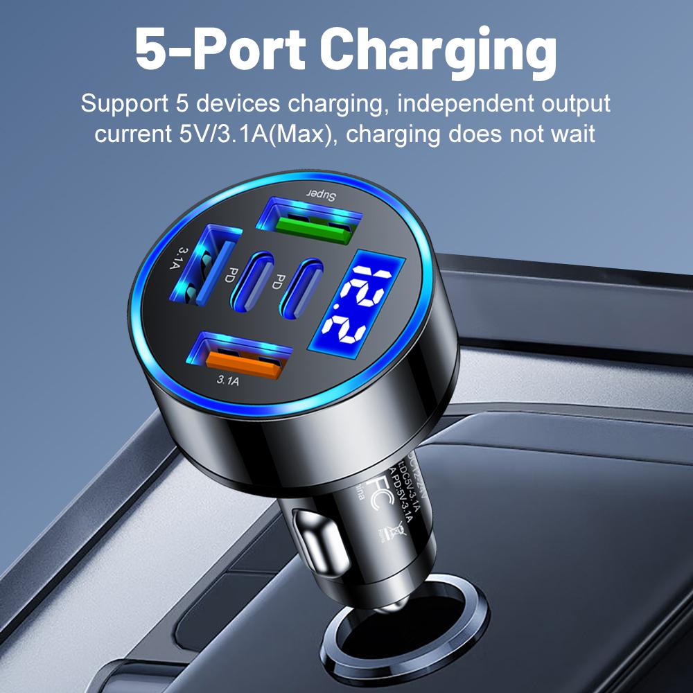 100W 5 Ports Car Charger Fast Charging PD QC3.0 USB C Car Phone Charger Type C Adapter in Car For iPhone Samsung  Xiaomi