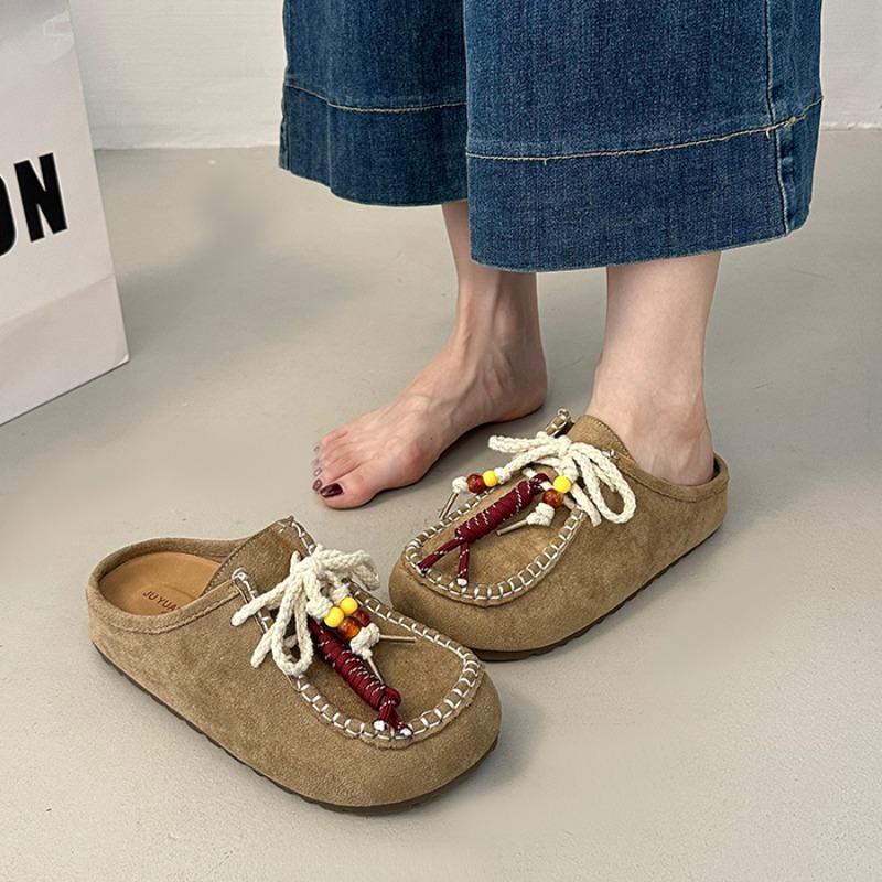 Fashion 2025 Autumn New Retro Flat Slippers Women's Round Toe Deep Mouth Platform Suede Front Lace-up Soft Slip Slides Women Slippers