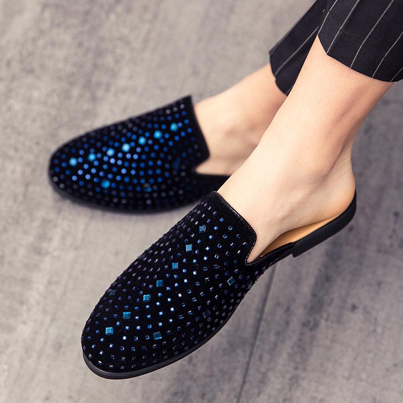 

2025 summer new British style casual fashion rhinestone trend breathable half drag one-word drag men s shoes lazy shoes trend 38