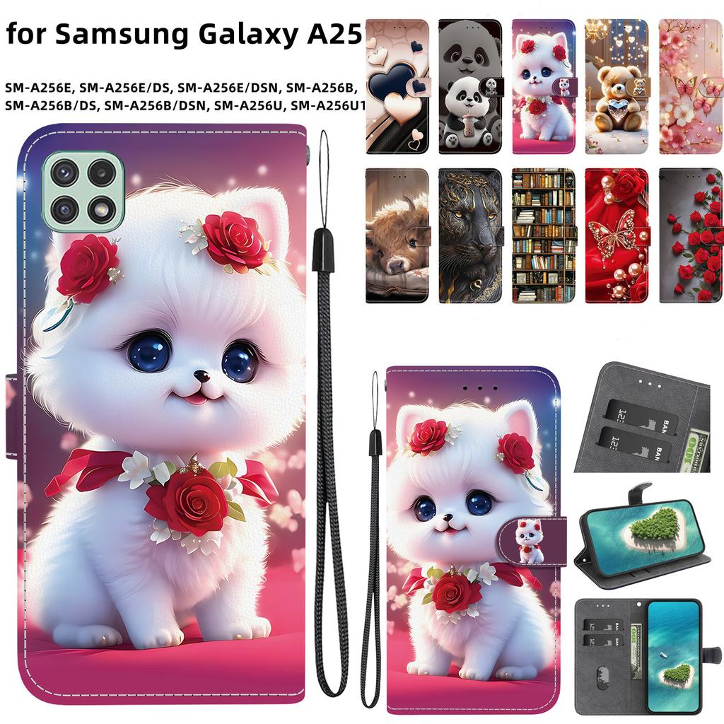 Handmade PU Leather Flip Case for Samsung Galaxy A25 (SM-A256E/A256B)- Anti-Slip Shockproof Cover with Wrist Strap & Heart/Rose Cat Designs