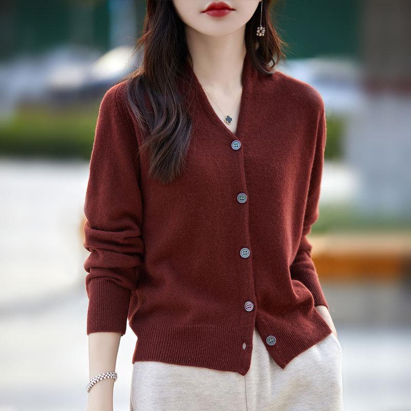 Maillard Merino Wool V-Neck Cardigan Sweater with Peaked Lapels and Solid Color Base Layer