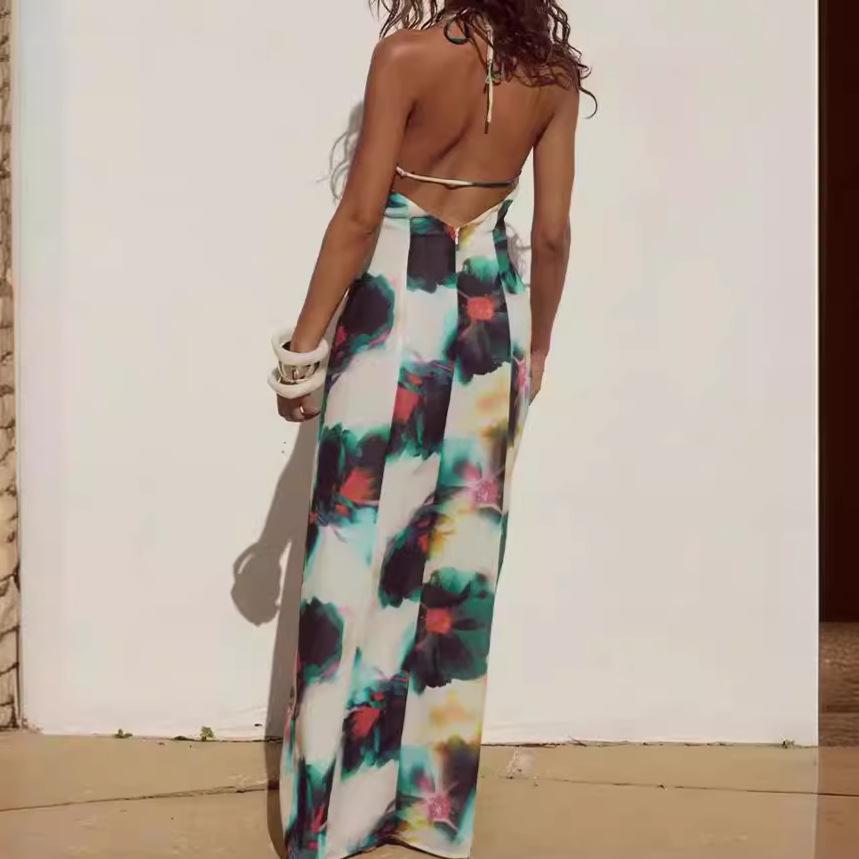 European and American summer new sexy backless neck strap holiday style print swing collar long dress women