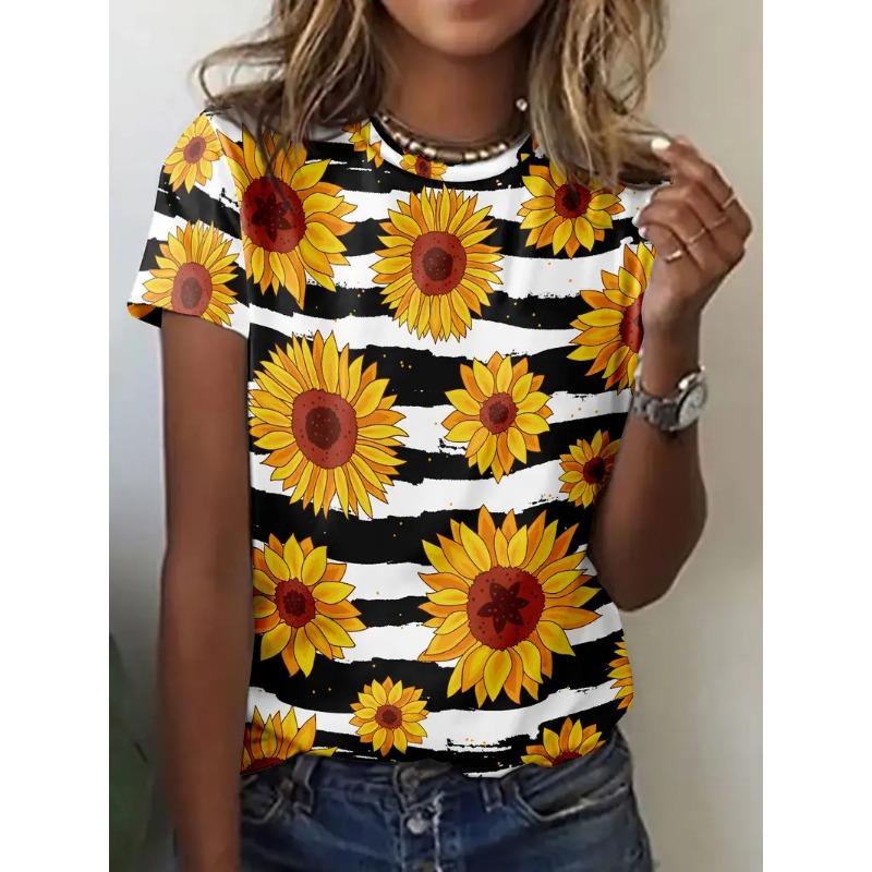 Plus Size Women's 3D Printed Sunflower Pattern T-shirt An Elegant Casual Crew Neck Short Sleeved Top