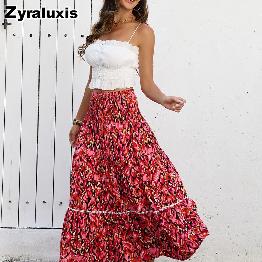 Women's Printed High Waist Slimming Casual Half Body Skirt Hollow Lace Patchwork Beach Vacation Sand Dune Dress