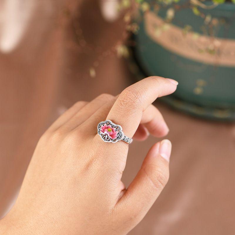 Retro Blue Lotus Adjustable Ring - Hollow Design, Simple & Versatile for Women