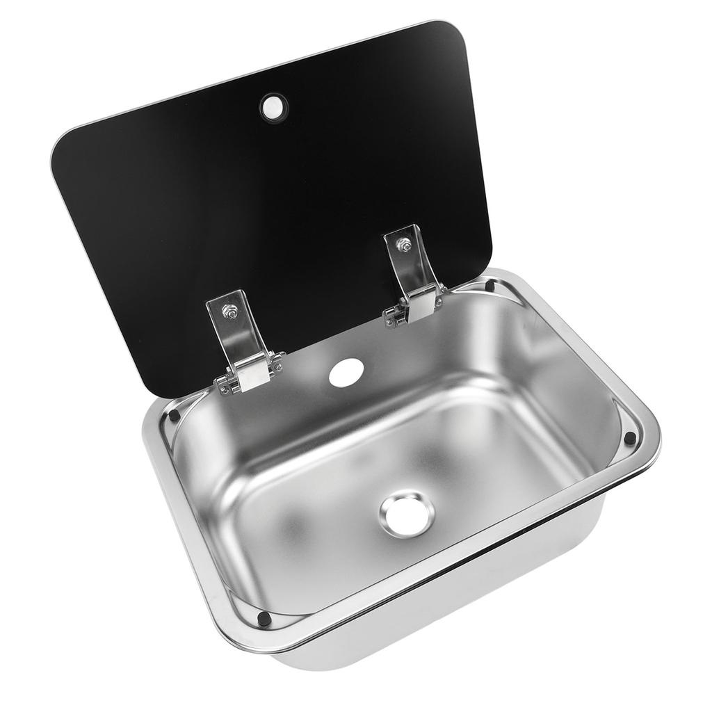 RV Sink Square 15.2 X 11.2 X 5.44in Single Bowl Stainless Steel Sink with Tempered Glass Lid and 40mm Drain Hole for
