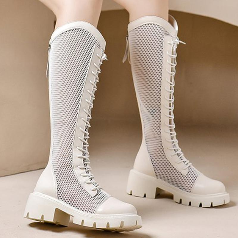 

Fashion Breathable Mesh for Woman Summer Zipper Mid Calf Women Round Toe Lace up High top Heels Ladies 35