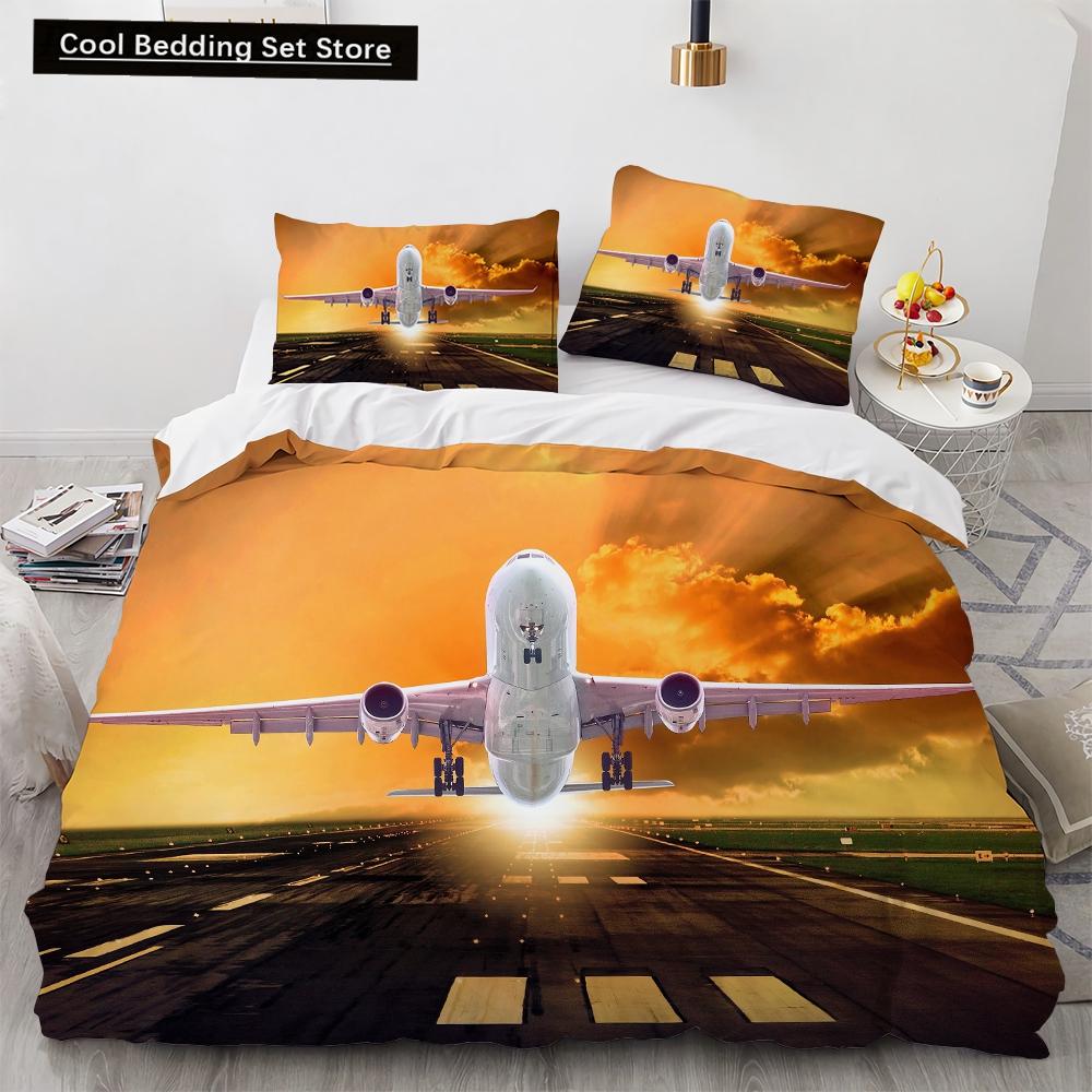 3D Airplane King Queen Duvet Cover Pink Airliner Bedding Set for Adults Sky Sea Natural Landscape 2/3pcs Polyester Quilt Cover