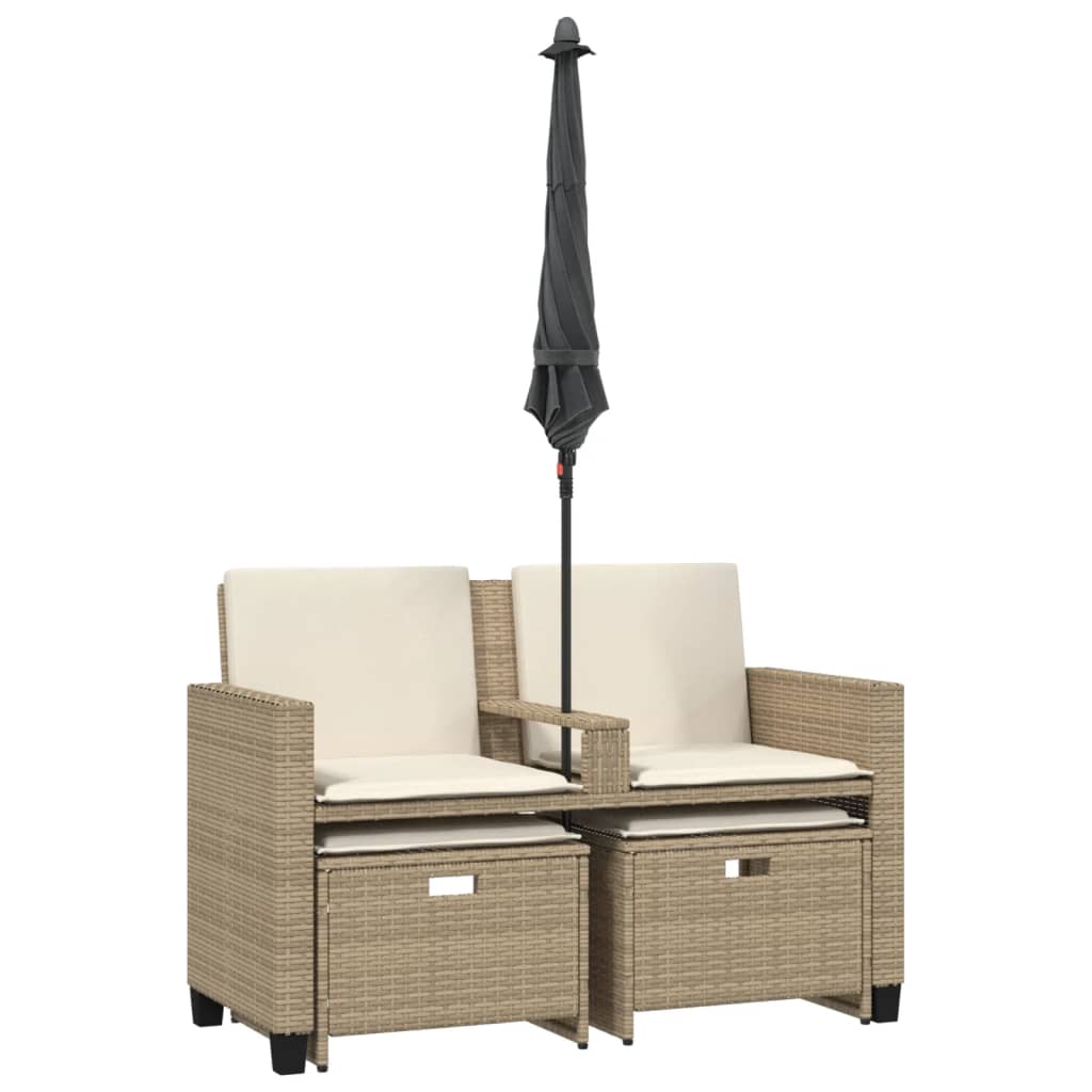Garden Sofa 2 Seater with Sun Umbrella and Footstools Beige Poly Rattan