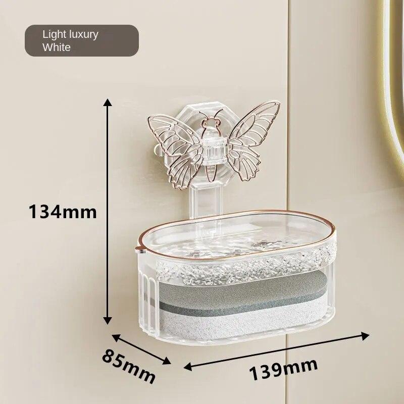 Suction Cup Soap Holder Butterfly Design Double Layer Soap Box Sponge Drainage Holder No Drilling Soap Storage Shelf