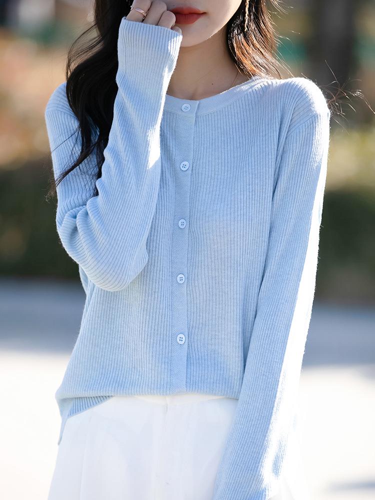 Women's Spring Korean Style Loose Wool Cardigan - Round Neck, Long Sleeve