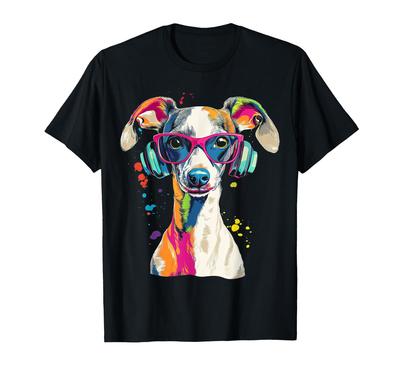 Whippet Dog Motif Pet Artwork Music Headphones Whippet T-Shirt