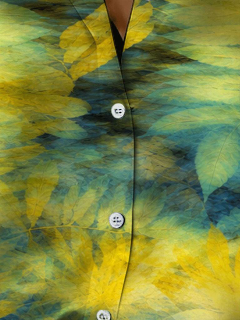 Women's Long-sleeve Shirt with Yellow-green Leaf Print, Bohemian Collared Top In Natural Style