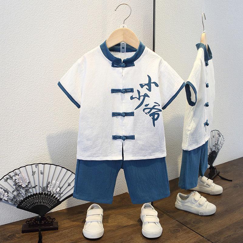 Completo Estivo da Ragazzo a Maniche Corte Stile Cinese per Bambini Hanbok Bello Completo Tang Cotone Lino Sezione Sottile di Abbigliamento Antico