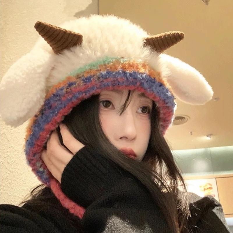 Cute Korean Double-Layer Thick Version Lamb Ears Knitted Ear Protection Loose Big Head Circumference Warm Cold Proof Plush Hat