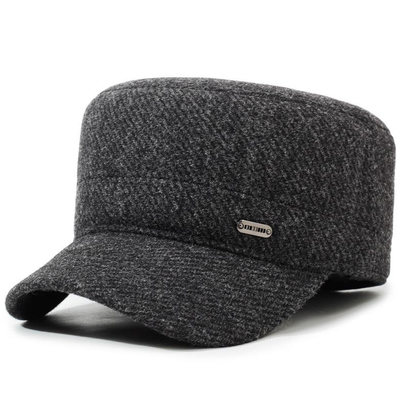 Wool Blend Warm Cotton Hat - Mid-aged & Elderly Cycling & Walking Cold Weather Ear Protection Flat Top Hat - Men's Outdoor Hat
