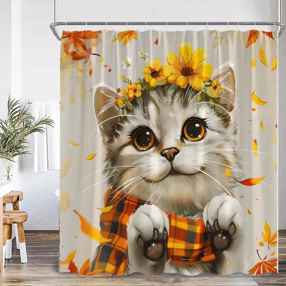 Cute Cat Shower Curtain Flower Cartoon Animal Sunflower Plant Floral Bathroom Home Decor Modern Polyester Bath Curtain with Hook