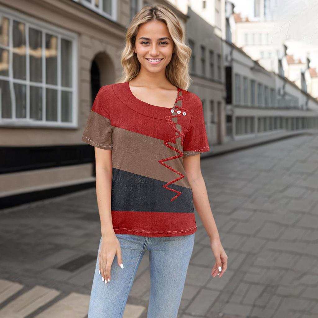 Women's Casual Printed Asymmetric Neck Short Sleeve Decorative Button T-Shirt Top