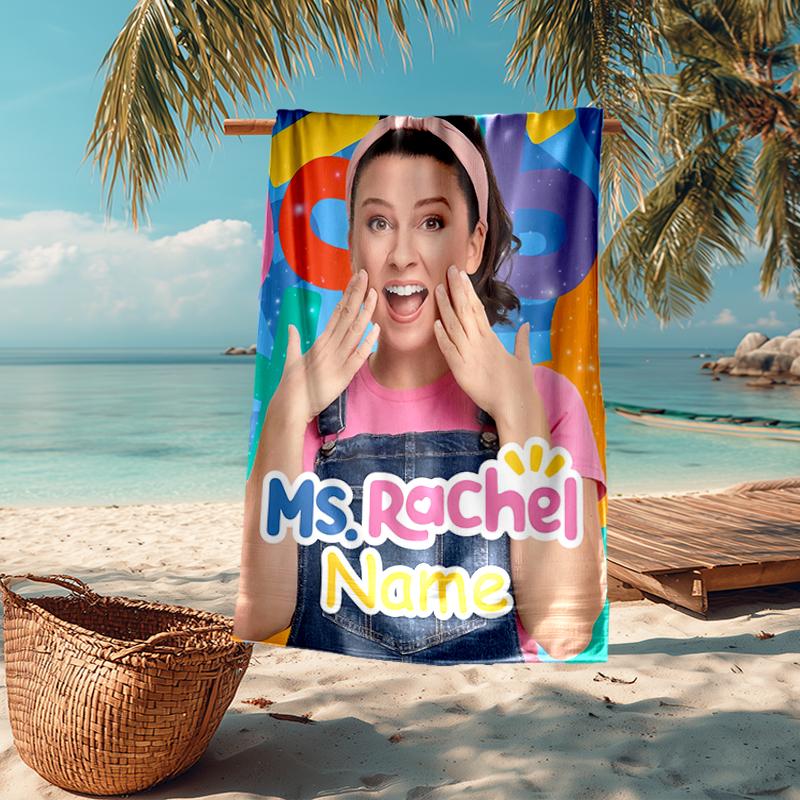 Custom Name Ultra-Soft Beach Towel with Ms. Rachel Theme,Ideal for Pool - Camping, Diving - Perfect Travel Essential, Vibrant Beach Towel.