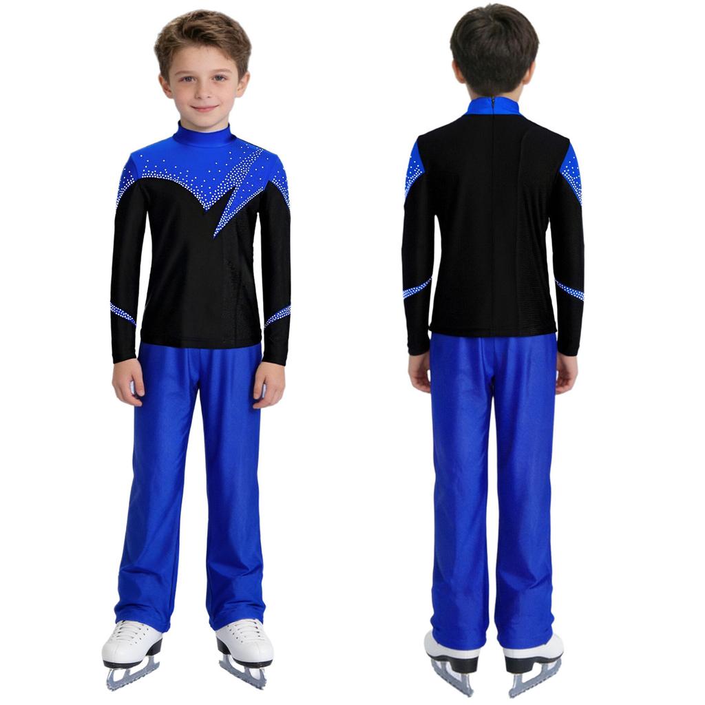 Kids Boys Figure Skating Outfit Mock Neck Long Sleeve Back Invisible Zipper Color Block Shiny Rhinestones Top with Elastic Waistband Pants Competition