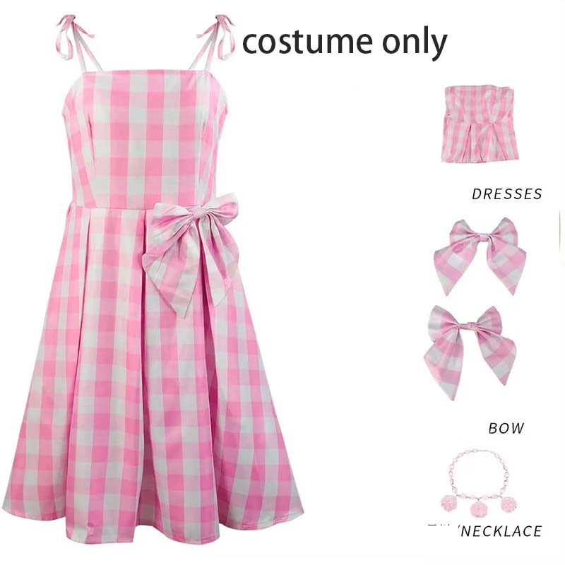 

Movie Princess Cospaly Women s Pink Plaid Dress With Bowtie And Necklace Costume For Halloween Gift L