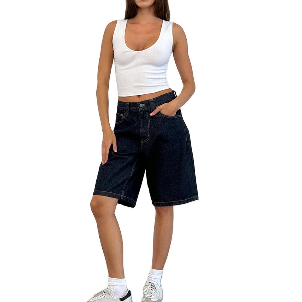 Women Denim Shorts Pants Straight Leg Denim Shorts Casual Knee Length Jean