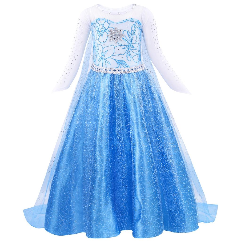 Frozen Elsa Dress Costume for Girls Ages 3-4 Years 110cm Dark Blue + Party Chili® 4-Piece Accessory Set (Wand, Crown, Wig, Gloves)