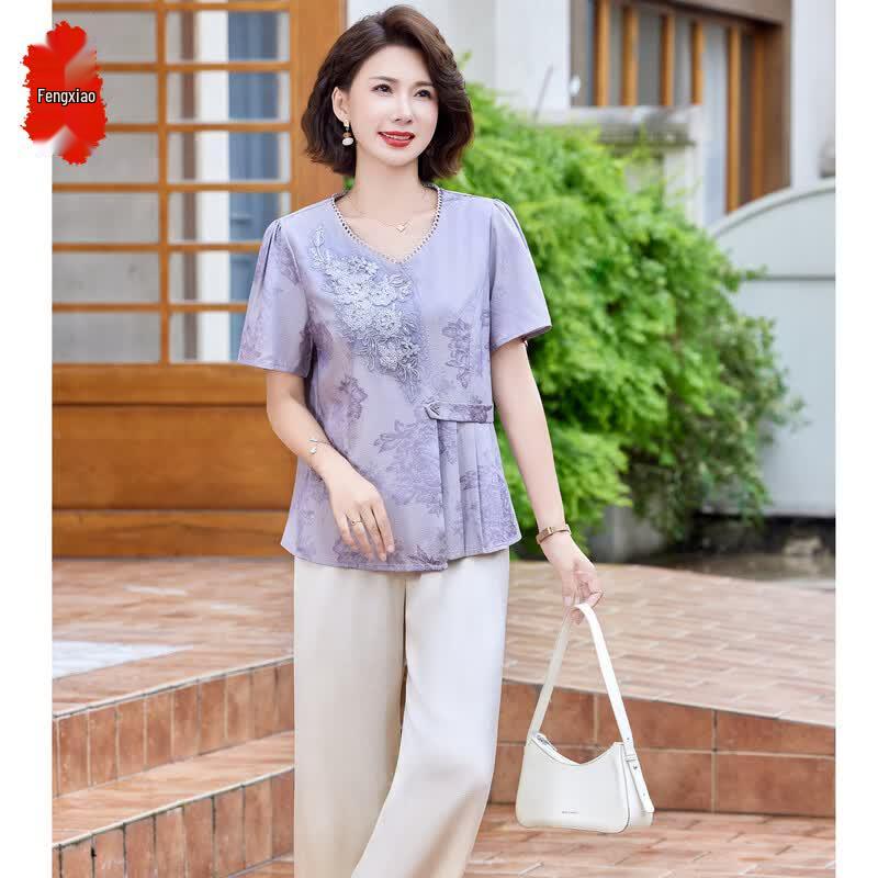 New Chinese Style Summer T-shirt Set for Middle-aged Women