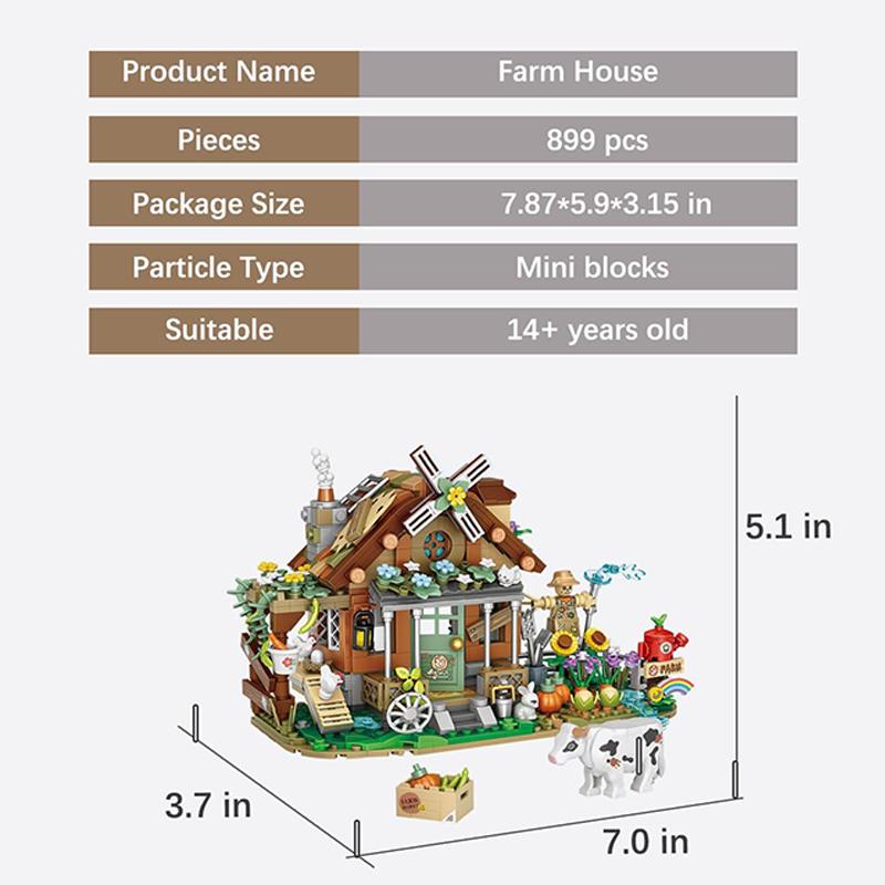 Non-Toxic Farm House Mini Building Blocks 899Pcs Rural Cottage Windmill Model Kit Adult Collectible Bricks Toy Gift