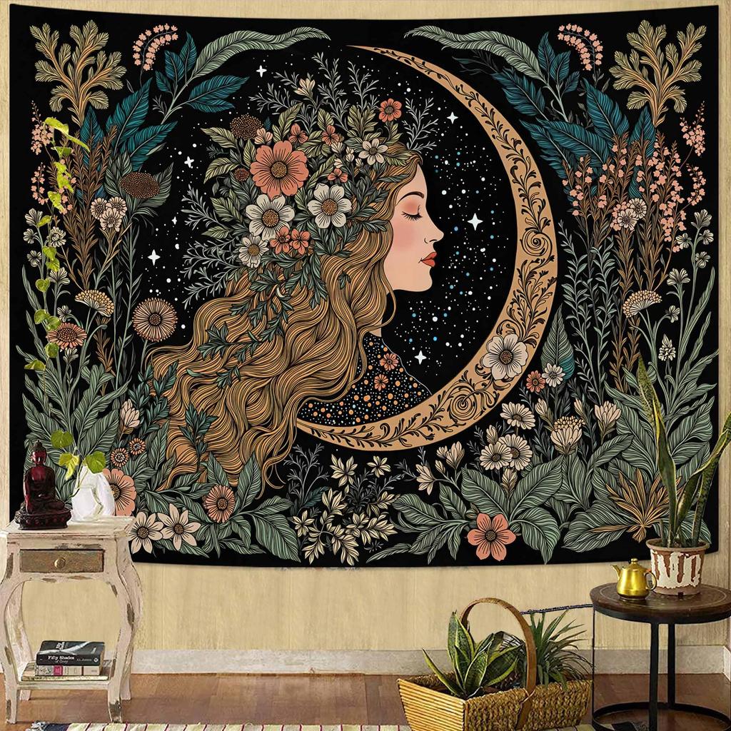 Hippie Witchy Moth Tapestry, Moon Mushroom Aesthetic Floral Wall Art, Mystic Moon Phase Decor For Living Room Bedroom Home