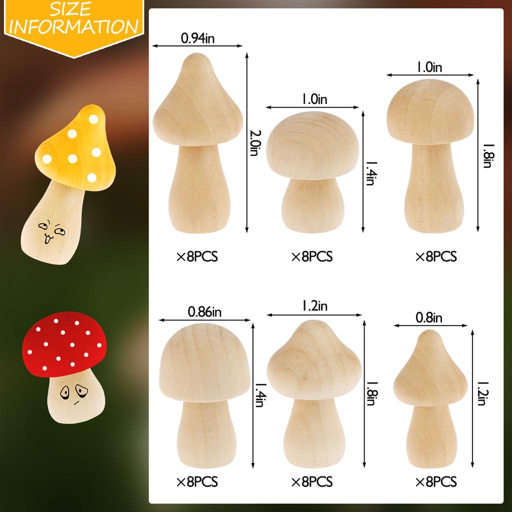 48-Piece 6 Different Sizes And Cute Shapes Diy Wooden Mushroom Set