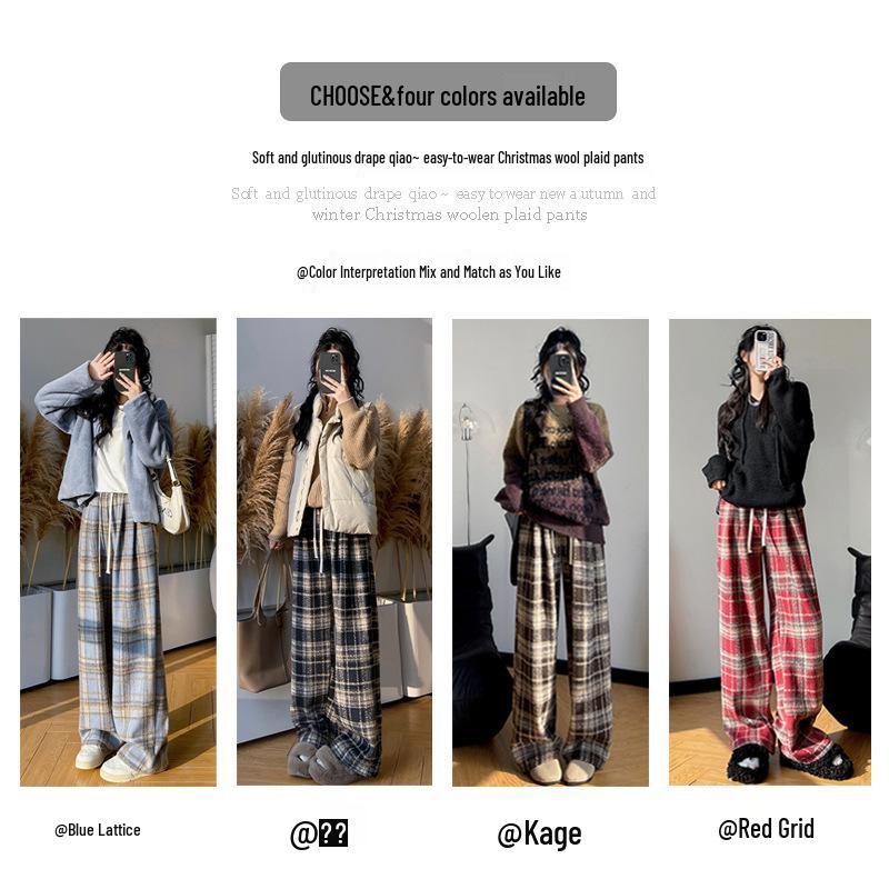Women's Winter Fleece-Lined Tweed Plaid Wide-Leg Pants: Warm, Thick, Loose, and Straight-Leg Design.