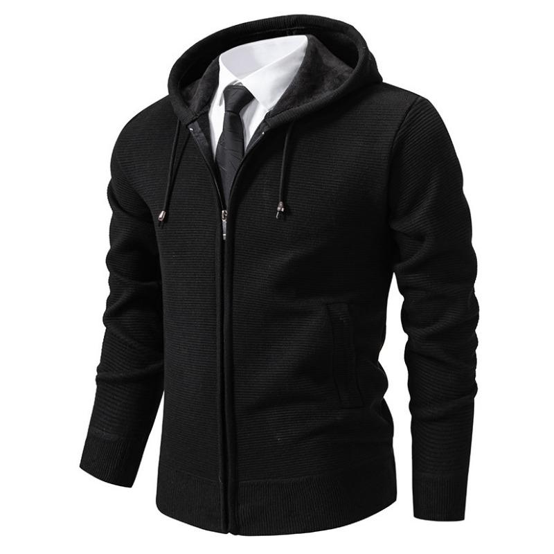Men S Solid Color Hooded Fleece Knit Cardigan Autumn Winter Casual Coat