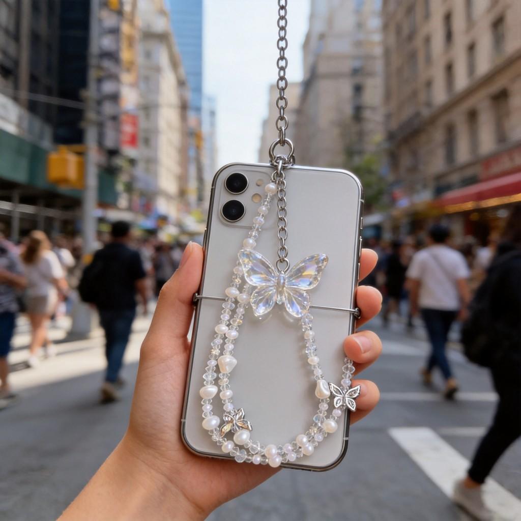 Fashion Pearl Butterfly Phone Lanyard With Pvc Beaded String For Women And Men