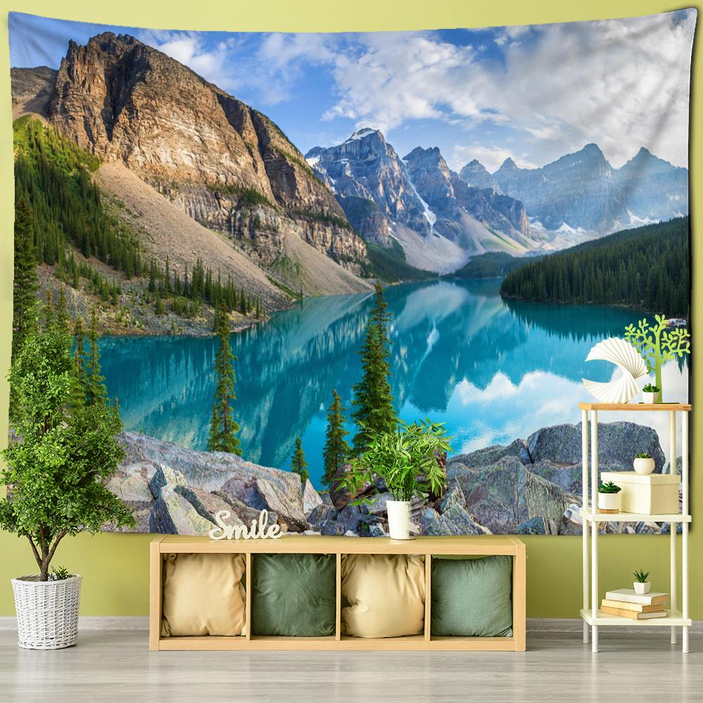 Tapiz de pared con vista a la montaña y al río, paisaje natural, bohemio, hippie, decoración de pared para dormitorio y sala de estar