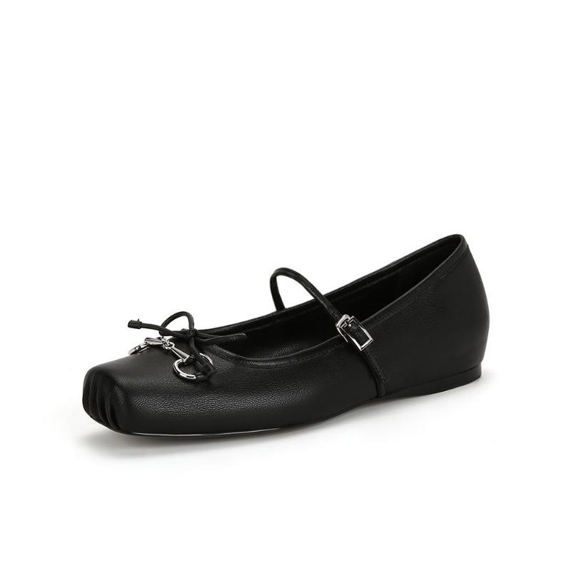 Sheepskin version~ Horse buckle pig nose single shoes bow flat ballet shoes women's Mary Jane shoes
