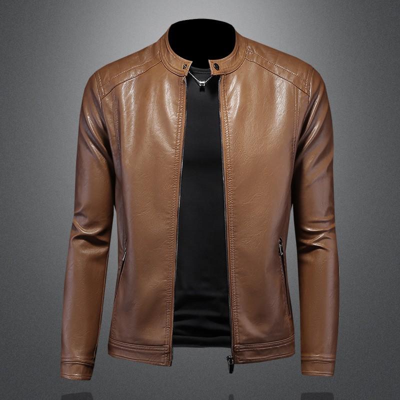 Mens PU Leather Biker Jacket With Stand Collar Slim Fit Casual Outerwear