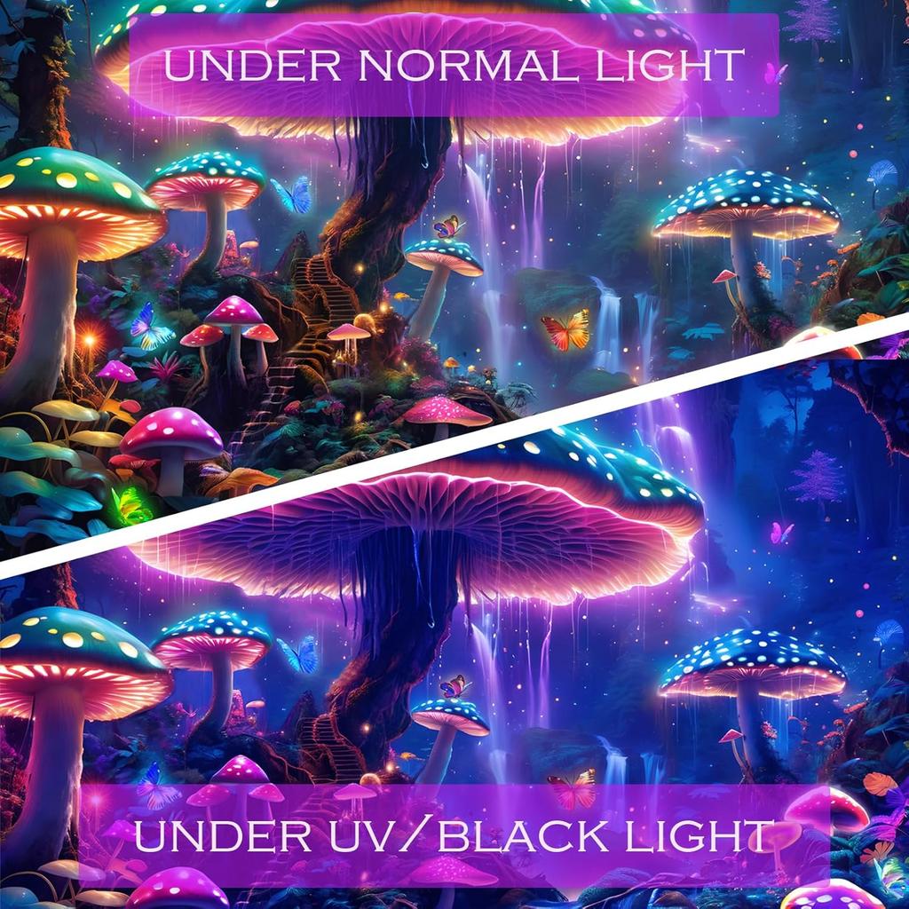 SparkLia Blacklight Mushroom Forest Tapestry - UV Reactive Glow in the Dark Fantasy Waterfall Wall Hanging, Colorful Neon Mushroom Landscape Art