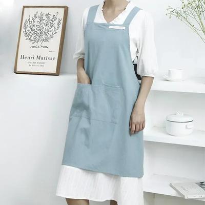 Women Simple Apron Denim Apron Cotton and Linen Solid Color Blouse Kitchen Florist Coffee Shop Apron