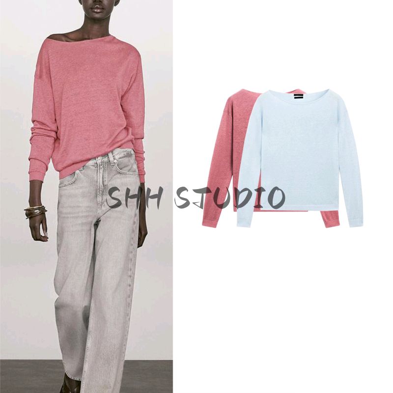 MD Spring and Summer Women's Clothing Idle Style Relaxed Light Linen Blended Boat Neck Long Sleeves Knitwear 5709648