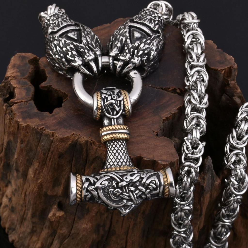 New Stainless Steel Viking Thor 'S Hammer Pendant Necklace Stainless Steel Wolf Claw Men 'S Necklace 