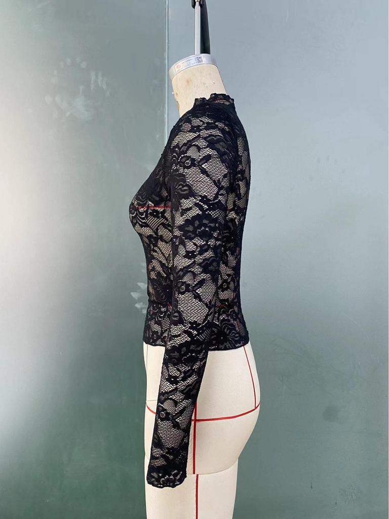 Elegant Long Sleeve Rose Lace Hollow Top - Women's French Design 2025